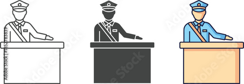 A border control officer sitting at a desk, checking passports, ensuring secure international travel isolated on white background