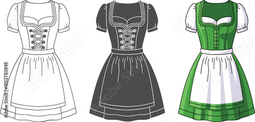 Three traditional dirndl dresses isolated on white background a line art version, a gray version, and a colorful green version with a white apron