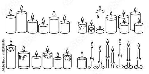 Collection of various candles in different sizes and styles including dripping wax