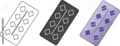 Pills in blister pack isolated on white background set of vector illustrations of medicine in different styles outline, glyph and color drawing of tablets