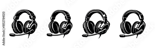 Headset and headphone collection, with microphone, flat vector illustration