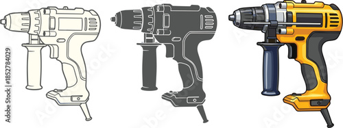Cordless drill in three styles isolated on white background outline, silhouette, and color a versatile tool for various construction and diy projects