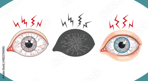 Illustration depicting eye conditions such as dry eye, glaucoma, and cataracts, showcasing symptoms and potential vision problems for educational purposes