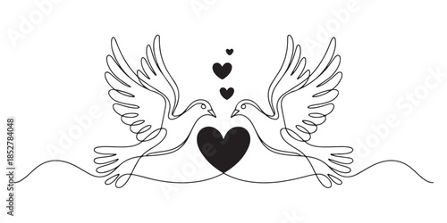 One continuous line drawing of two doves with hearts in flight, love symbol isolated on white