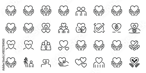 Set of heart in hands line icons, such as couple, love, protection, care, donation, romance