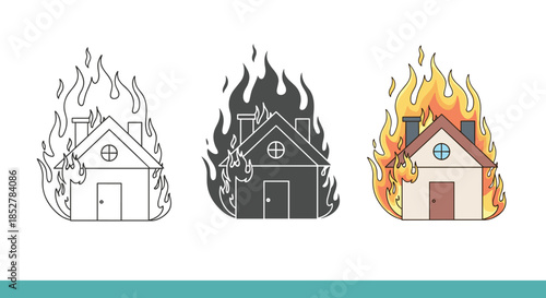 Illustration of a house on fire, showcasing the concept of home insurance, disaster, and risk management isolated on white background