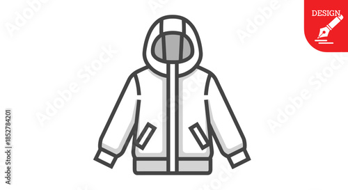 A white hooded jacket with gray accents isolated on white background the jacket has a zipper closure and two pockets it is a simple, stylish design