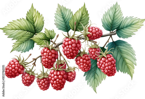 Fresh raspberries hanging on branches with vibrant green leaves in a natural setting during daytime in summer