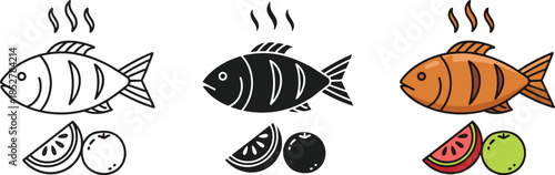 Illustration of a grilled fish with lemon and orange, presented in outline, silhouette, and color styles isolated on white background