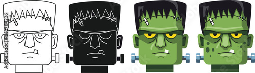 Frankensteins monster head in various styles isolated on white background outline, silhouette, cartoon and color version for halloween designs