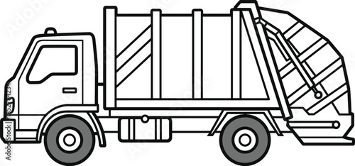 Garbage truck isolated on white background, a symbol of waste management and environmental responsibility, depicted in a clean, minimalist line art style