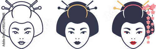Three depictions of a geishas face showcase the evolution from a simple outline to a fully colored version, isolated on white background