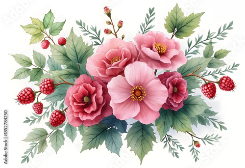 Beautiful bouquet of pink flowers and raspberries in a vibrant floral arrangement