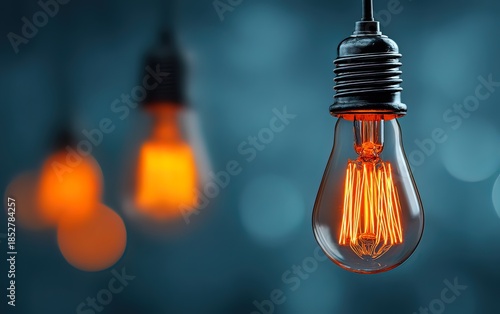 Two glowing light bulbs with a bright orange glow inside,  representing ideas and innovation, on a blue and orange background with bokeh effects. High quality. High quality. High quality
