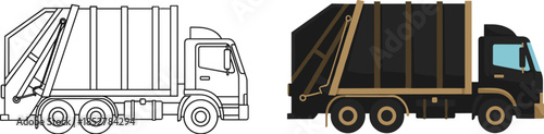 Garbage truck vector illustration isolated on white background, showing both a line drawing and a colored version of the vehicle, side view