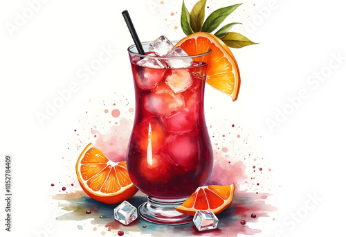 Refreshing summer cocktail featuring vibrant fruits and ice in a glass on a bright background with splashes of color
