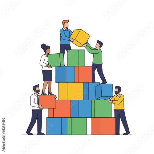 collaborative teamwork assembling colorful block structures illustrating cooperation and problem
