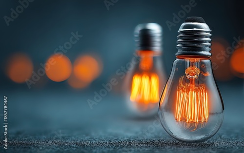 Two glowing light bulbs with a bright orange glow inside,  representing ideas and innovation, on a blue and orange background with bokeh effects. High quality. High quality. High quality