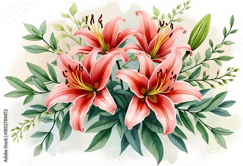 Bright pink lilies and lush green leaves arranged beautifully in a floral composition