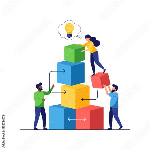 Collaborative teamwork assembling colorful blocks to achieve innovative ideas and solutions