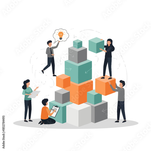 Collaborative teamwork building a complex 3D block structure symbolizing innovation and problem