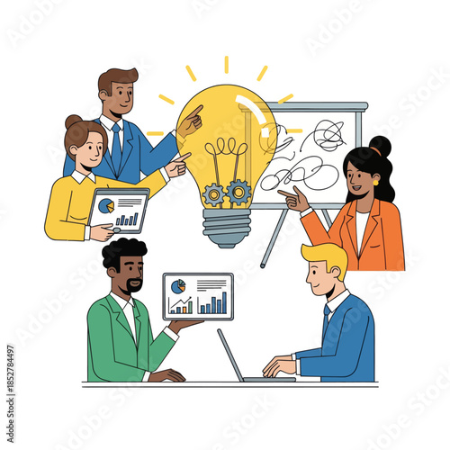 Dynamic team brainstorming session focused on innovative problem solving with creative visual aids