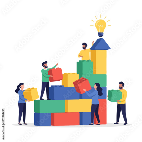 Collaborative team building constructing colorful block towers with creative ideas