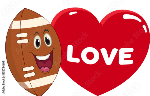 Cute cartoon American football character surrounded by hearts and love messages. Ideal for Valentine’s Day greeting cards, romantic sports designs, stickers, prints and digital decorations.