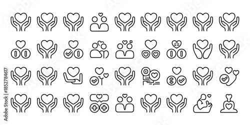 Set of heart in hands icons, love and care symbols, charity and donation concepts outline
