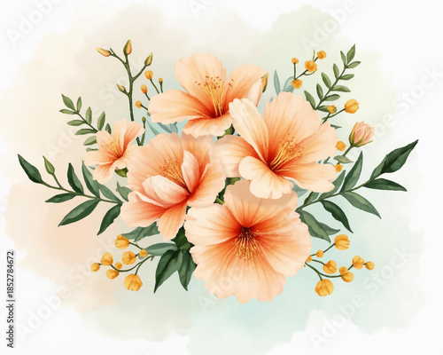 Coral hibiscus flowers bloom in a lovely arrangement surrounded by green leaves and small buds on a gentle watercolor backdrop, creating a serene and vibrant display.