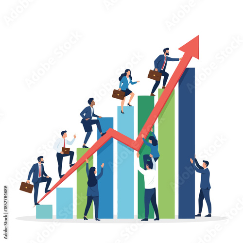 Progress and growth depicted through diverse professionals rising along an upward graph