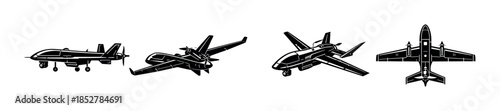 Military drone collection, uav aircraft, silhouettes, flat vector illustration