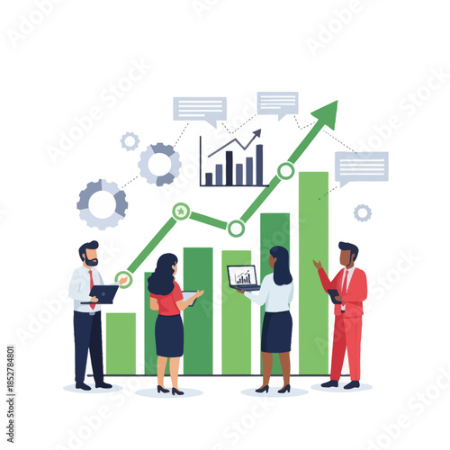 Business team analyzing data trends and growth projections in a collaborative workspace