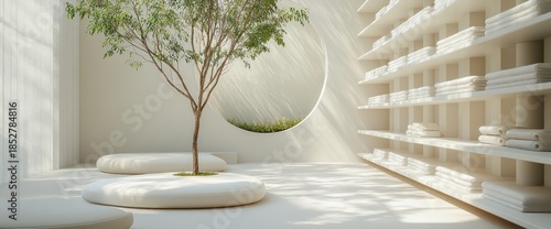Wallpaper Mural Minimalist White Spa Interior with Live Tree, Round Seating, and Towel Shelves Bathed in Natural Light Torontodigital.ca