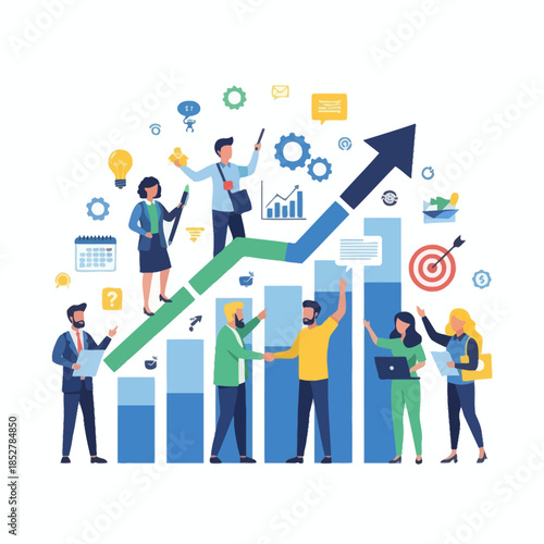 Dynamic business team analyzing growth trends with upward arrow chart and digital icons
