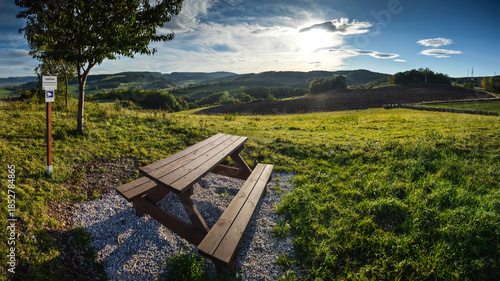 Landscape of the Land of Extinct Volcanoes at golden hour, Jozkowa Gora lookout point, Lower Silesia