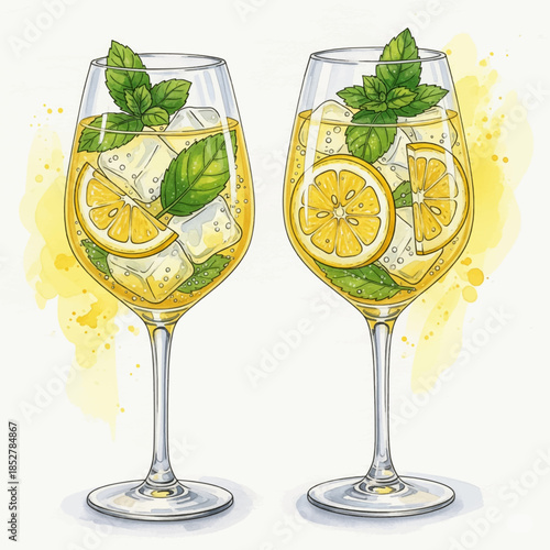 Refreshing citrus drinks with mint and ice decorated in elegant glassware in a cheerful, bright setting