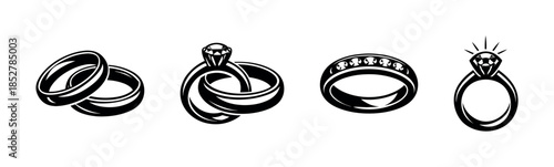 Wedding rings and diamond jewelry set, flat vector illustration, engagement icons