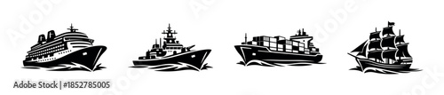Vector illustration of ships, cruise, cargo, navy, pirate, flat vector style