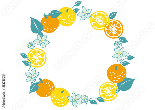レトロ風のシンプルでポップな柚子のイラスト　リース風のフレーム