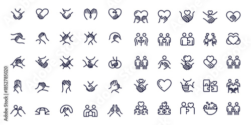 Set of care line icons, such as handshake, friendship, empathy, and social responsibility