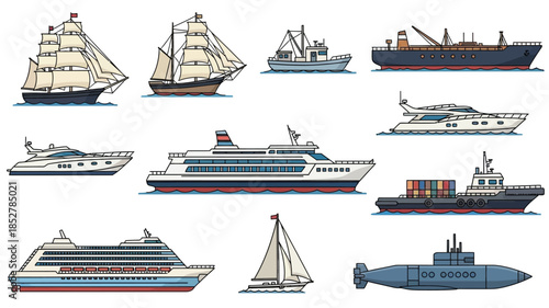 Collection of various water vessels including sailboats yachts and cargo ships