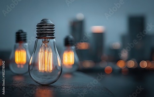 Glowing light bulbs on a table reflecting a city's night lights, symbolizing ideas and innovation. High quality. High quality. High quality