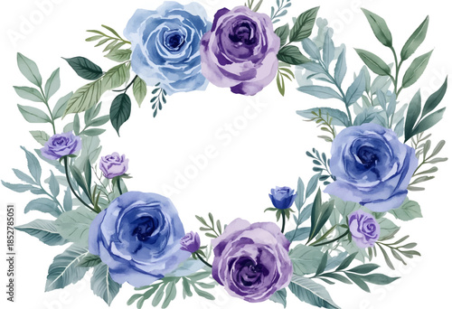 A decorative floral arrangement showcases blue and purple roses intertwined with various green foliage, ideal for spring or summer celebrations.