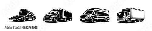 Truck and van collection, flat vector illustration of cargo, transport vehicles