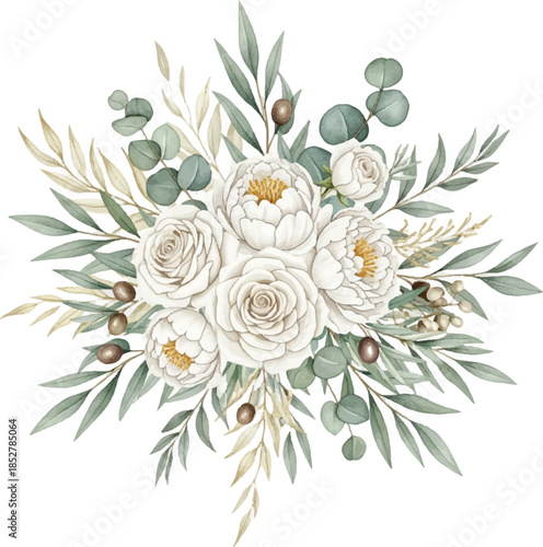 A beautiful floral arrangement showcases delicate white peonies combined with lush greenery and eucalyptus. Perfect for enhancing any decor style or event theme.