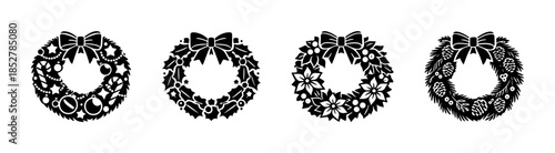Christmas wreath collection, holly, pine cones and ornaments, flat vector illustration
