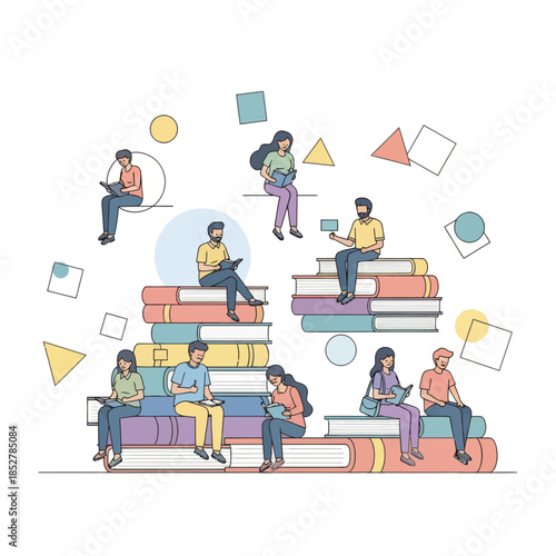 Diverse group of students engaged in learning and studying with colorful geometric shapes floating