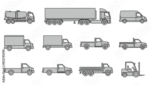 Collection of various commercial vehicles including trucks and vans in gray tones