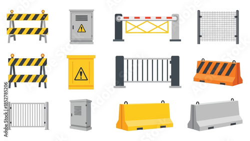 Various road barriers and security elements in a flat vector illustration style
